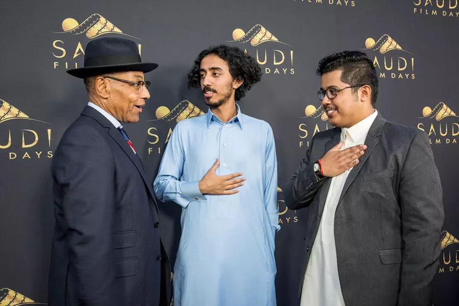 Hollywood actor Giancarlo Esposito meets Saudi actors Mohammed Al Hamdan and Ahmed Al Arwi. &ldquo;I&rsquo;m here to support,&rdquo; Esposito said.