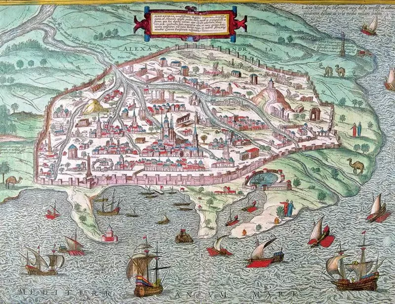 After receiving permission from Ottoman authorities in Constantinople to travel to Arabia, the six-man crew landed in Alexandria, <i>above.</i> After a year in Egypt, the crew traveled to Jiddah and south for nearly a year in Yemen, where the expedition's artist, George Wilhelm Baurenfeind, sketched a court scene, <i>below.</i> By late 1763, when Niebuhr reached Bombay (now Mumbai), <i>bottom,</i> four crew members had perished.