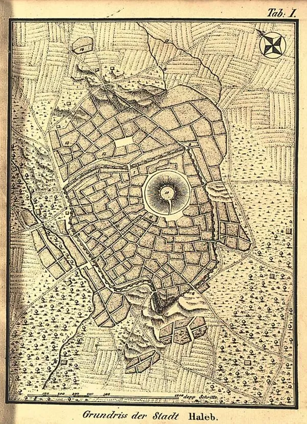 Niebuhr's bird&rsquo;s-eye view of Aleppo shows the walled city, with its citadel toward the eastern side, surrounded by residential, cultivated and grazing lands, as well as hills, rivers and roads.