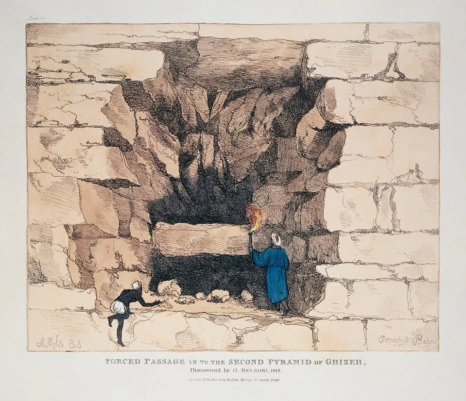 Belzoni illustrated his 1822 book with drawings by his own hand, including this one of the entryway of the Second Pyramid (also called the Pyramid of Khafre), which he located, cleared, and in 1818 walked through to become the first modern explorer to enter its burial chamber.&nbsp;