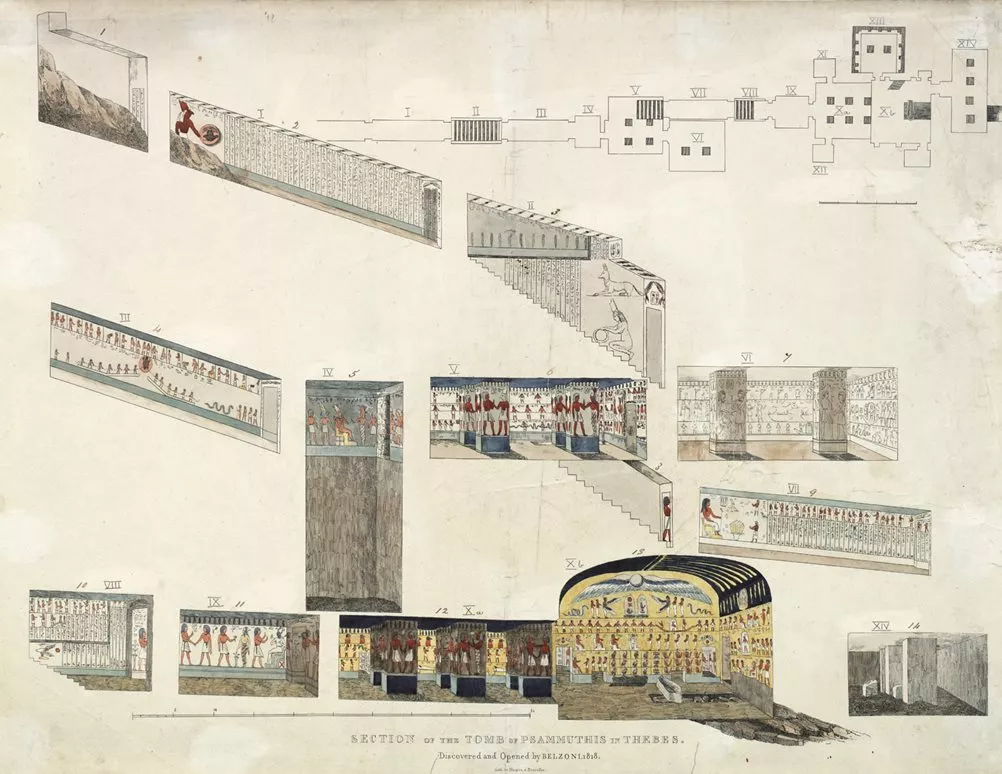 Among the tombs Belzoni discovered in what is now referred to as the Valley of the Kings at Thebes was that of the fourth-century <span class="smallcaps">bce</span> pharaoh Psammuthis. In 1818 he and his team took measurements and made detailed drawings of what they found—the kind of patient work that earned him the title of “proto-archeologist” from archeologist and Valley of the Kings specialist Don Ryan.