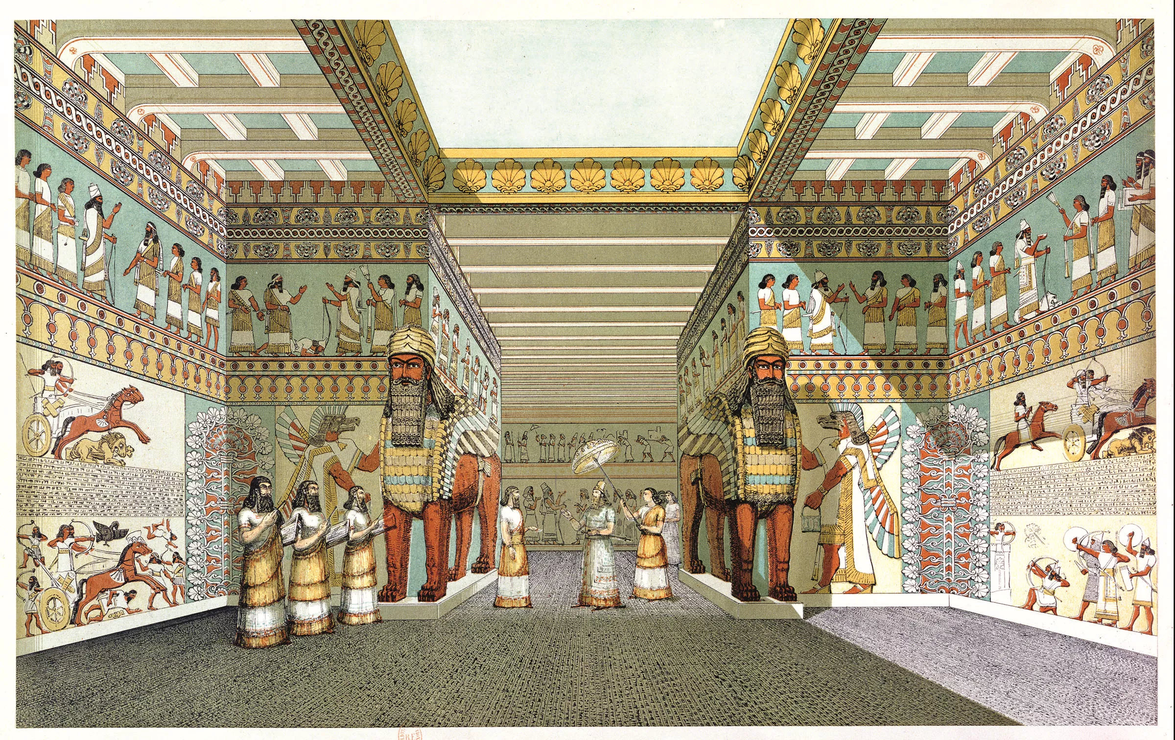 <p>This artist&rsquo;s depiction of the grand entrance to a four-chambered temple built by Ashurnasirpal <small>II</small> at the northwest part of Nimrud was excavated under Layard and Rassam in 1846. It shows the human-headed lions that today stand on display in London <i>(next)</i>; the artist also showed the palace in the vivid colors that may have resembled its original condition.&nbsp;</p>
