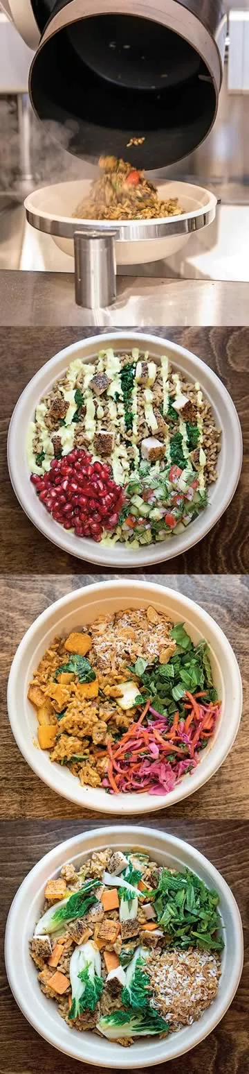 After cooking, the robotic wok tips the meal into a bowl, ready for garnishing. Ready to eat are the chicken and rice bowl, and two variations of the Thai bowl.