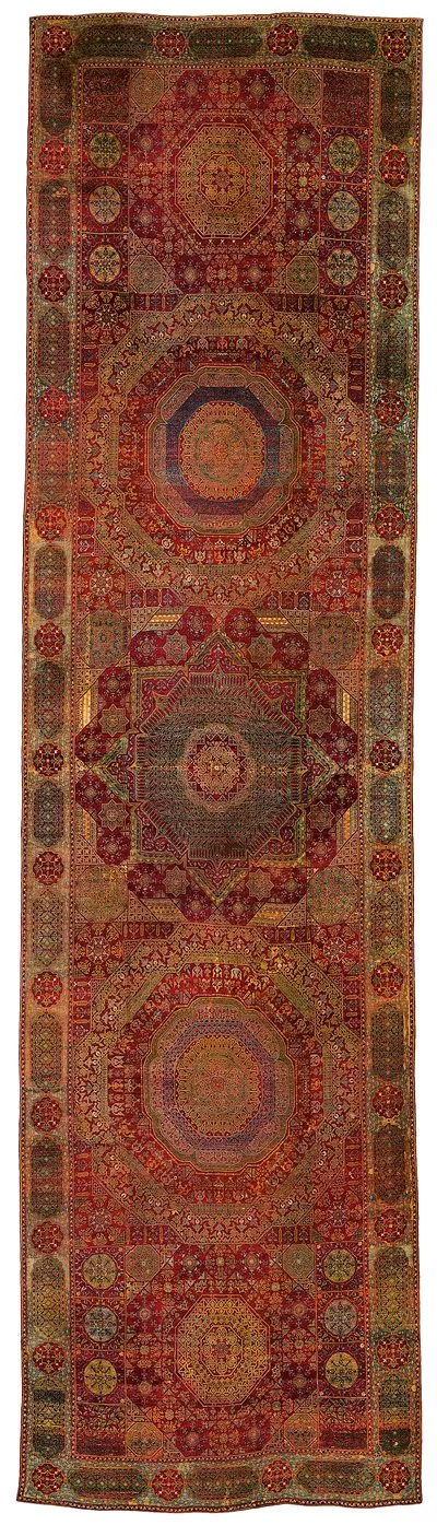 Famous for the intricacy of its five medallions, the so-called &ldquo;Simonetti&rdquo; Mamluk carpet, measures 897 by 239 centimeters.&nbsp;