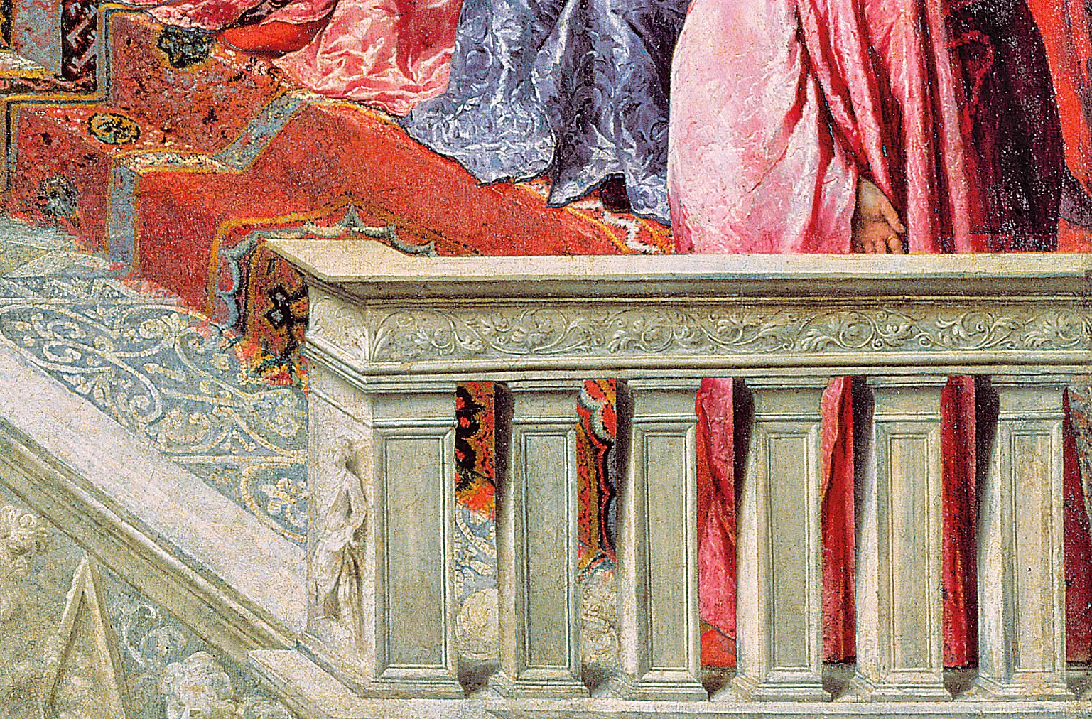 Covering the foreground of the dias of the doge, ruler of Venice, a Mamluk carpet is one of several that appear in Paris Bordone's 1534 painting, &ldquo; The Fishermen Presenting the Ring to Doge Gradenigo.&rdquo; Although the ceremony it depicts is an embellished legend from the 13th century, Bordone represented it in a contemporary setting that included carpets specifically from his own era. The painting shows the Mamluk carpet in full, <em>above</em>, and detail, <em>below</em>.