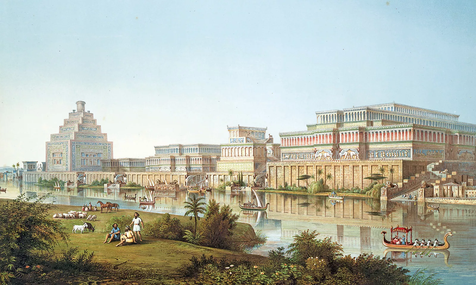 This artist&rsquo;s depiction of Nimrud shows the Assyrian capital&rsquo;s palaces on the right and ziggurat on the left. It was published in the second series of Austen Henry Layard&rsquo;s <i>The Monuments of Nineveh</i>, in 1853.