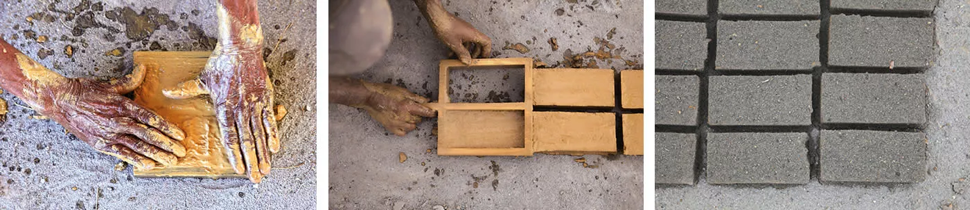 Brickmaking in Tozeur begins with a mix of clay and sandy soil that soaks for some 12 hours before being pressed into a rectangular mold. The ground below and the tops of the damp bricks are sprinkled with ash to absorb moisture, drying in the open air for hours to days depending on the weather.