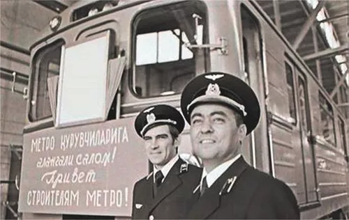 Passengers wait for the doors to close at Alisher Navoiy station, named after the 15th-century founder of Uzbek language and literature.