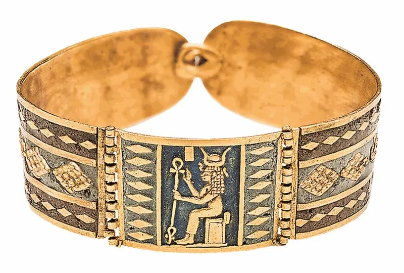 This Nubian gold bracelet from 100 BCE centers the goddess Hathor, who represented love, fertility, motherhood and music. 