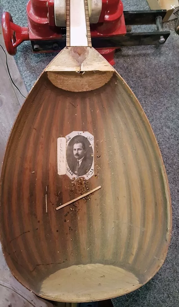 The ‘uds constructed by the Nahat family of Damascus, from about 1870 through the 1980s, are often regarded as the finest ever made. This 1927 ‘ud, made by Toufik Nahat, is currently in New York under restoration by John Vergara. “They would define the classic Damascene ‘ud,” he says.