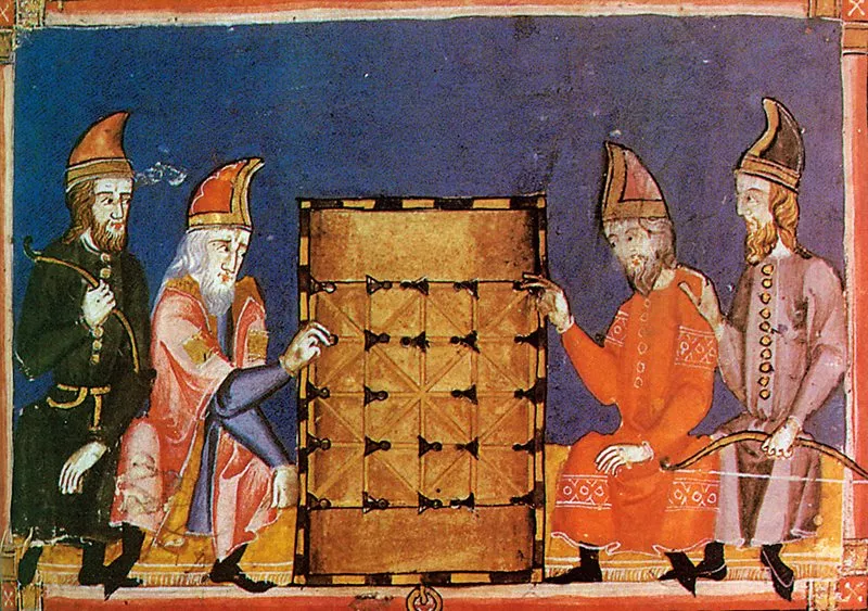 Compiled in Toledo in about 1283 <span class="smallcaps">ce</span>, Alfonso <span class="smallcaps">x's</span> <i>Libro de Axedrez</i> or <i>Libro de los Juegos</i> (<i>Book of Chess </i>or<i> Book of Games</i>) has among its many illustrations this group of European men playing the game that evolved into checkers: <i>alquerque</i>, from the Arabic <i>al-qirqat</i>. The players are dressed in buttoned robes that look similar to those worn by Muslims who are depicted elsewhere in the book.