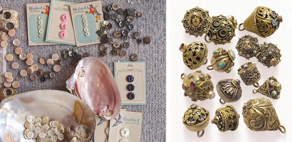 <b>Left</b> A display at the National Pearl Button Museum in Muscatine, Iowa, helps show how the town grew into the early 20th century's "pearl" button capital of the world, at its peak producing more than a billion buttons a year from Mississippi River clams and mussels. <b>Right</b> The collection formerly in collector Sylvia Llewelyn's Old Button Shop in Ráckeve, Hungary, includes this array of 16th-century filigreed Austro-Hungarian buttons.