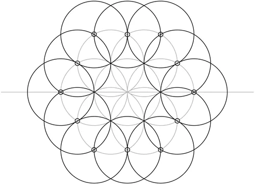 14. Add an expansion ring of circles, each Radius R1, using center points as shown.