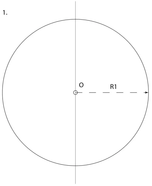 1. Start from a vertical line, set compass radius to R1, approximately ⅓ width of the page. Draw a circle in the middle of the line.