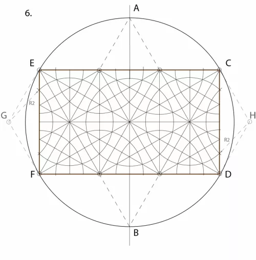 6. Arrange the proportioning circles with radius R2 evenly as above across our rectangular module. Note that two centers of the proportioning circle, G and H, are outside of the frame of our rectangular module.