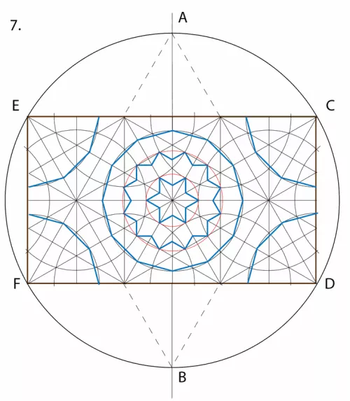 7. First lightly outline the 6- and 12-pointed star motifs in the center, as above. Then, with a bolder line, or colored pencil, start to outline the overlapping dodecagons and quarter dodecagons.