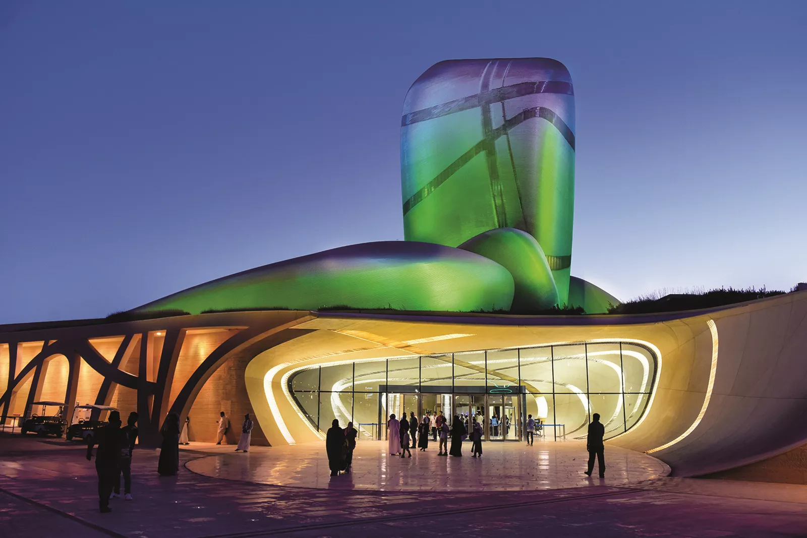 The 2021 exhibition Seeing and Perceiving at Ithra in Dhahran, lower, where the arts and cultural center’s architecture has itself earned regional and global recognition. 