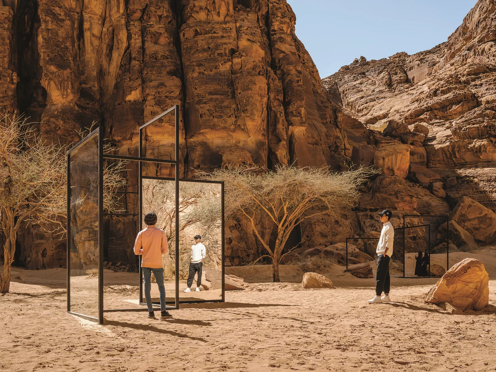 Installed at DesertX AlUla 2022, Berlin-based artist Alicja Kwade's 'In Blur" used steel and mirrors to amplify and complicate the sandy expanse under sandstone cliffs.