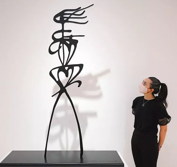 One of the exhibition’s three large, corten steel openwork sculptures from Koraïchi’s series The Watchers stood in the gallery, echoed by its shadow.