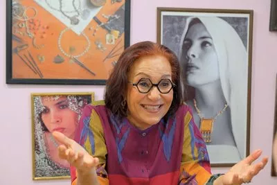 Fahmy evolved her approach to jewelry design to include deep historical and cultural research that then translates into sheik contemporary jewelry shown in framed art in her office.