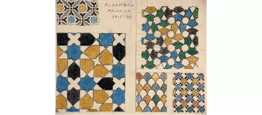 In 1936 he returned to the Alhambra and filled pages of his sketchbook with more patterns that informed his designs for the rest of his career. Referring to the interlocking symmetries of the patterns before him, he exclaimed in his journal, “How come no one has seen it before!”