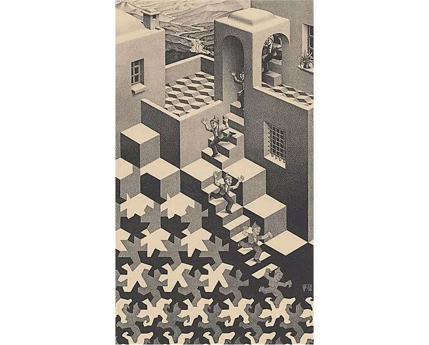 Another of Escher’s most well-known lithographs, “Cycle” (1938) shows both three-dimensional perspective as well as transformational progression of geometrically based organic forms. “My subjects are often playful,” he wrote in 1964. “I can’t keep from fooling around with our irrefutable certainties.”
