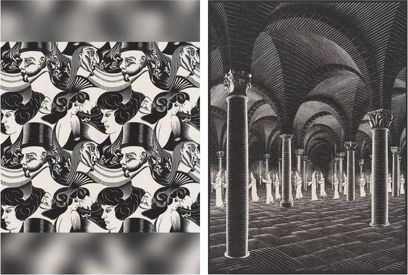 Escher began his experiments with repeatable patterns as early as 1920, center, and he produced his print “Eight Heads” left shortly before his trip to Spain in 1922. Right “Procession in a Crypt,” 1927: The interior space of infinite naves marked by columns and vaults evoke both Christian churches and Muslim mosques and mark Escher’s interest in 3D patterns, which later led to complex constructions of endless stairs, Möbius strips and impossible figures.