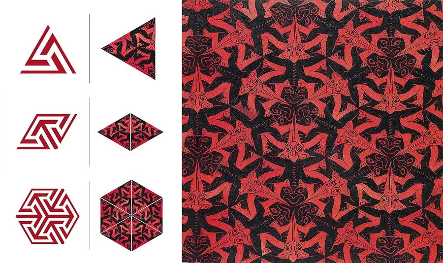 This pattern of equilateral triagles, found in the Alhambra’s Puerta del Vino, lower right, became in 1942 a building block for a print Escher captioned “triangle system. 2 motifs, symmetrical, II A2 type 1*” in a process shown above prepared by Pérez-Gómez. Escher’s enthusiasm for the Alhambra’s motifs was more interpretive than literal due to his personal preference for rendering the geometric through the organic. That Muslim artists of the 14th-century Alhambra had not done likewise, he wrote, “is hardly believable, for recognizability is so important to me that I could never do without it.”
