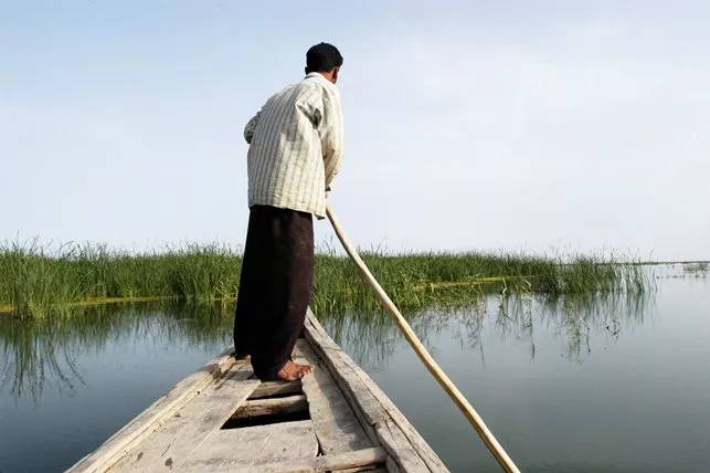 The region known as Abu Zirig, left, is one of the marshland regions re-inundated last year, bringing the total area flooded to about 40 percent of the original expanse. Alwash and staff members of the year-old Center for the Restoration of Iraqi Marshes (CRIM) make regular journeys in the slim, poled boats of the Ma'dan people to record water levels, salinity, pH and temperature, and to count birds and fish. 