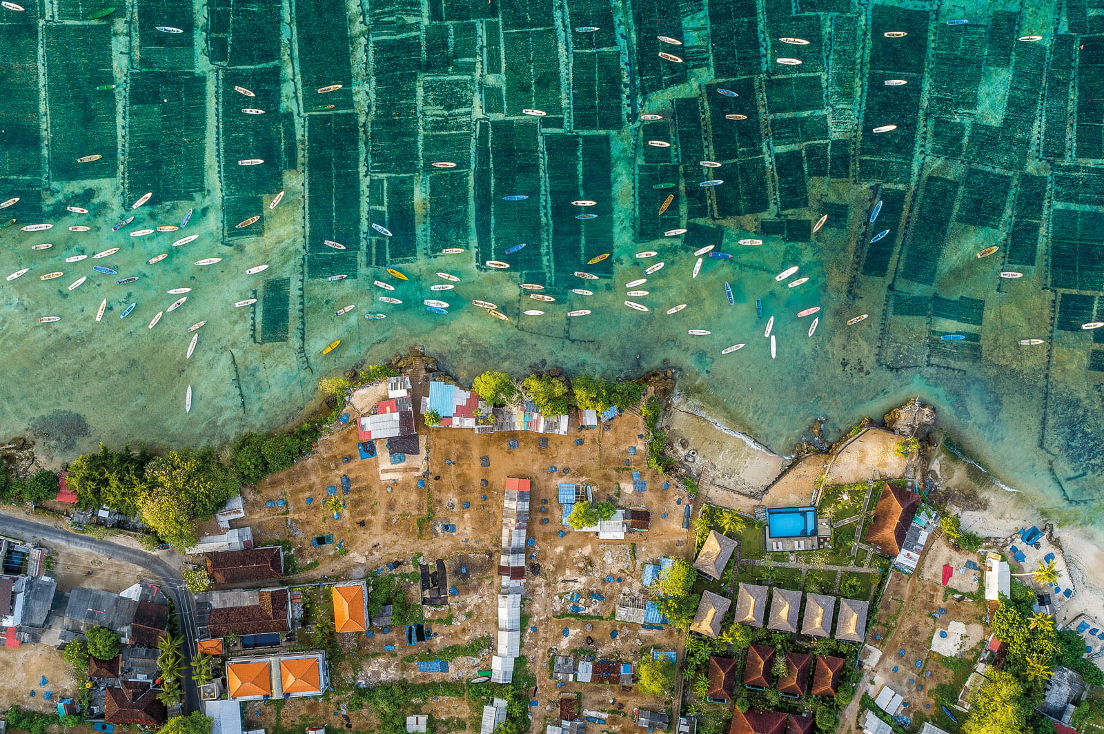 Steinmetz first scouted the seaweed farms of Bali, Indonesia, with Google Earth, “but when you are there, it’s always a surprise as you see people on the land (or on the water) and how they interact with it. It’s also more 3D, from the oblique perspective of the camera and, in this case, reflections.” He calls seaweed harvesting “a real bright spot in aquaculture because you’re growing food in a very sustainable way.