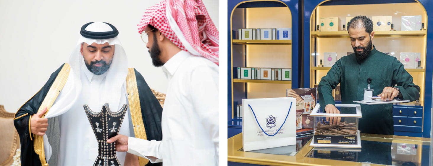 Left: A groom in Saudi Arabia has his clothing infused with bakhoor, or incense, the result of agarwood being burned in a vessel called a mibkharah. Right Salesman Abdulrahman Alwan retrieves agarwood to weigh it for a customer at the Abdulsamad Al Qurashi store in al-Khobar. (Left: Photo courtesy of Sultan Thawwadi; Right: Photo by Waleed Dashash)