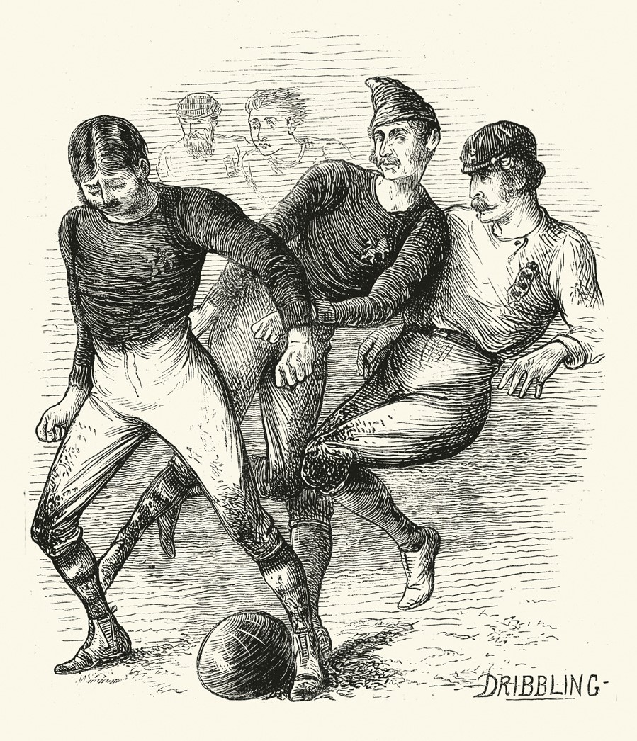 A vintage newspaper sketch depicts the very first international football match, between England and Scotland, in 1872.