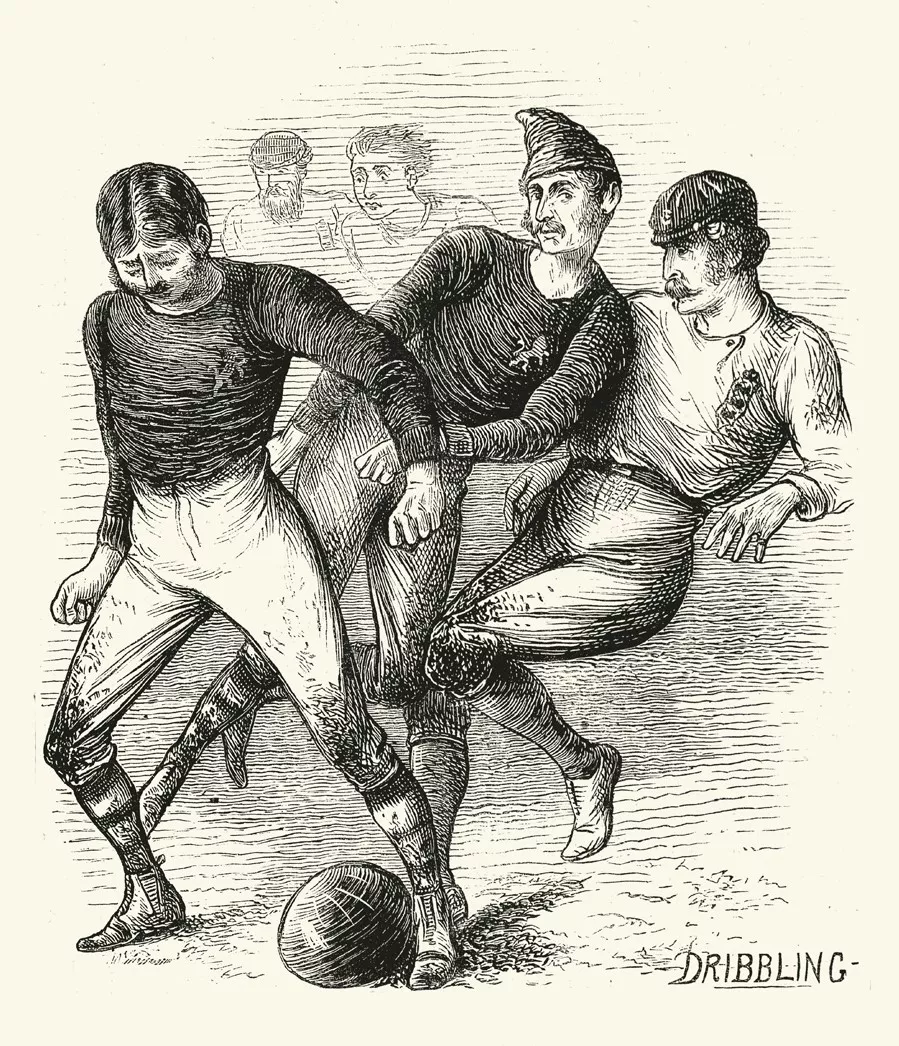 A vintage newspaper sketch depicts the very first international football match, between England and Scotland, in 1872.