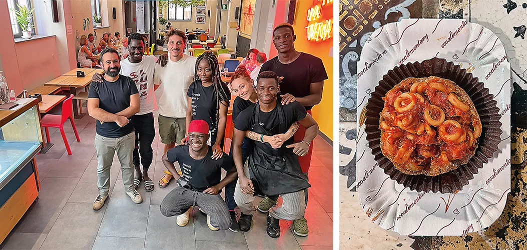 Cofounder of Molti Volti (many faces), a Palermo restaurant themed to extol the city’s multicultural past and present, Claudio Arestivo, at far left, poses with the day’s staff, which offers up dishes from Senegal, The Gambia, Morocco, Cote d’Ivoire and Italy. “Food is one of the most interesting ways to represent multiculturality,” he says. “If I could offer one dish to Roger II today, I would choose couscous,” he adds, which “arrived here in his times, and now it is a very common meal in Sicily.” No less popular in Palermo today are varieties of arancine, a Sicilian Arab rice ball, filled and deep-fried, right.