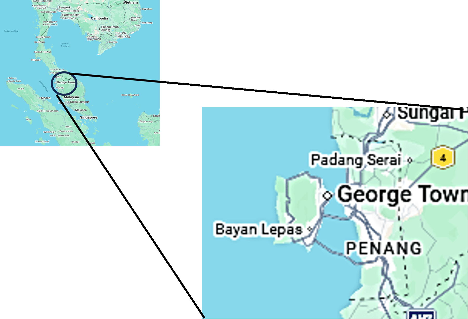 Map shows location of Penang Province and George Town.