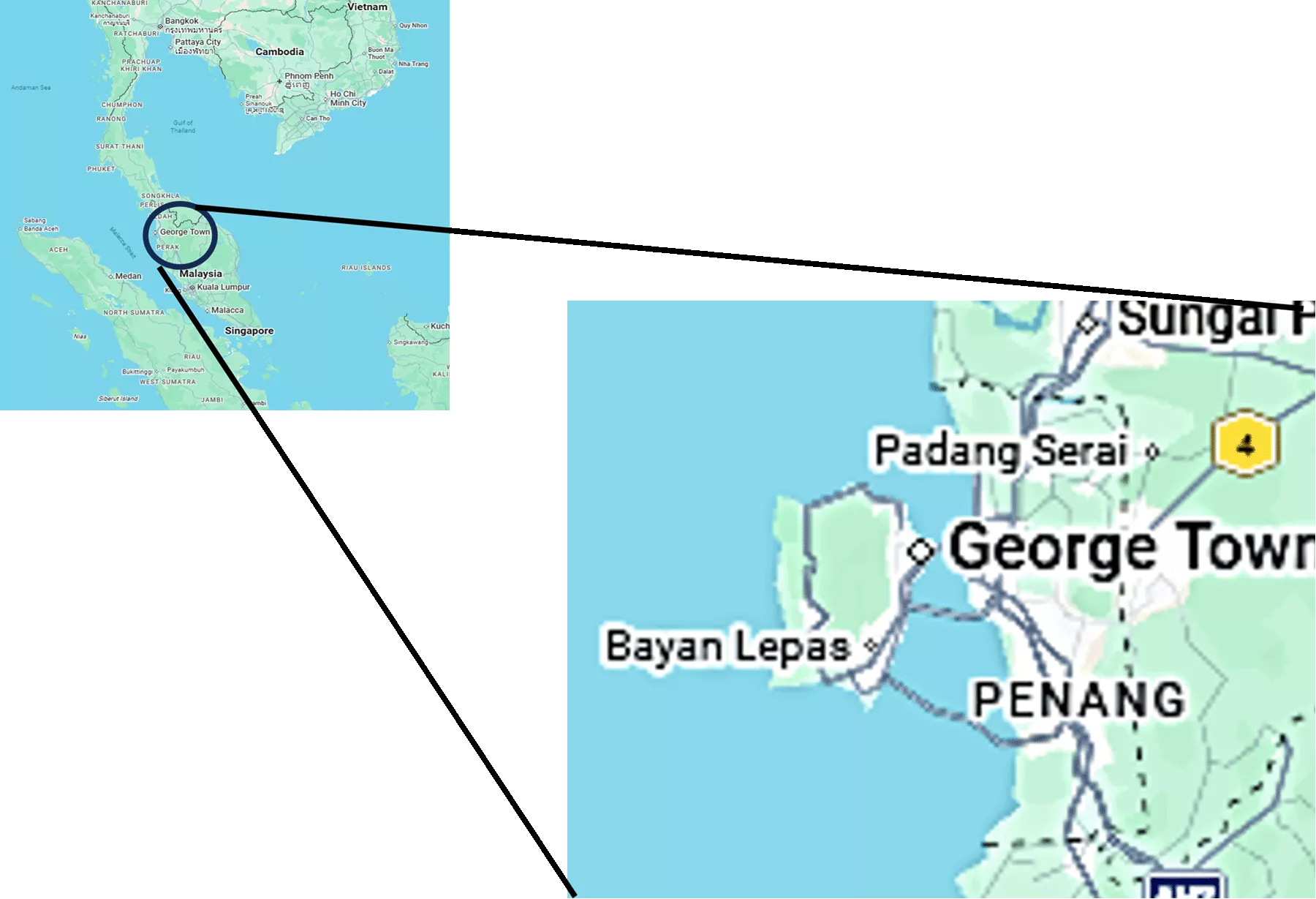 Map shows location of Penang Province and George Town.