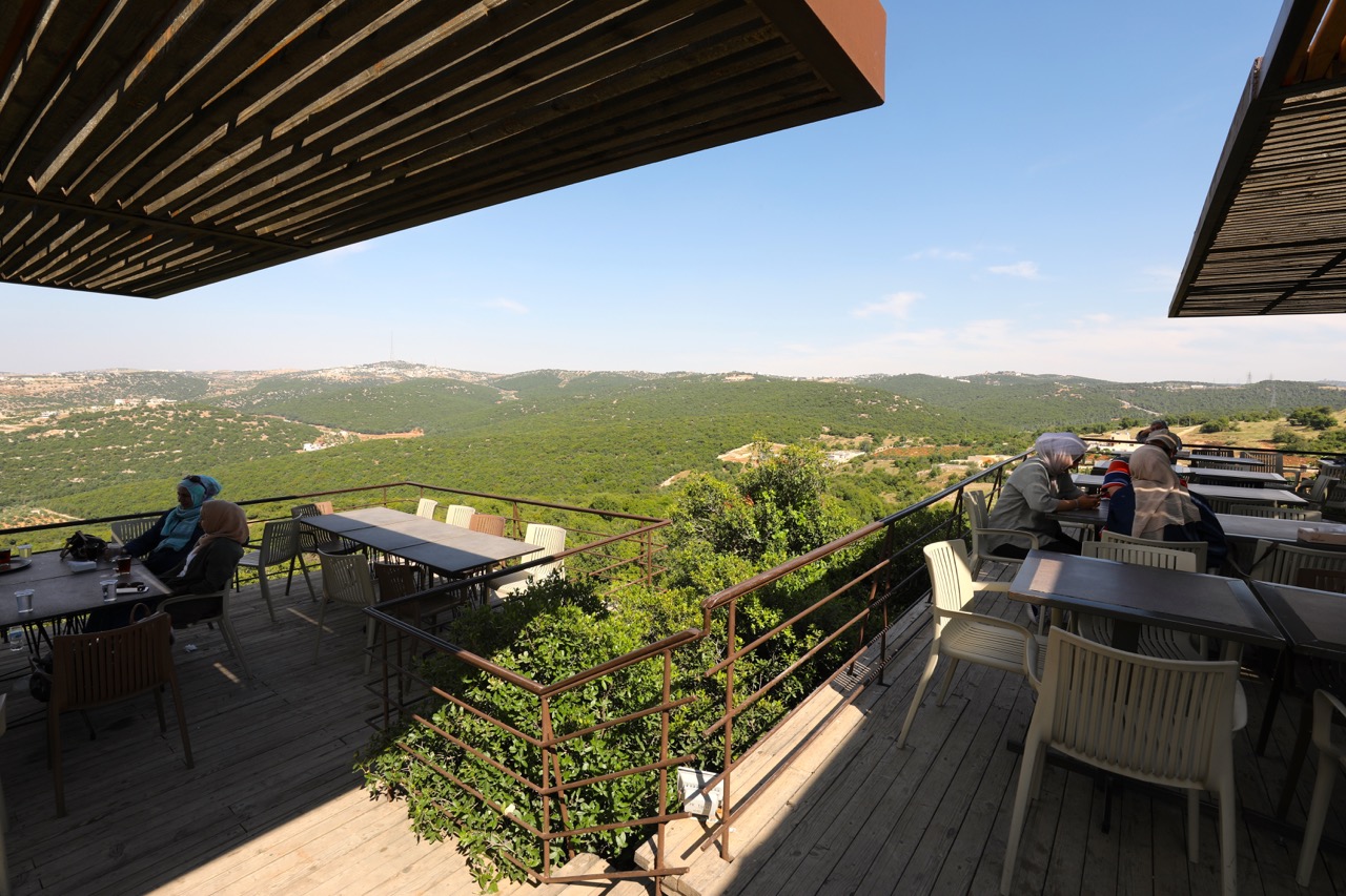 The academy’s shaded terrace opens to an expansive view of the Ajloun Forest Reserve.