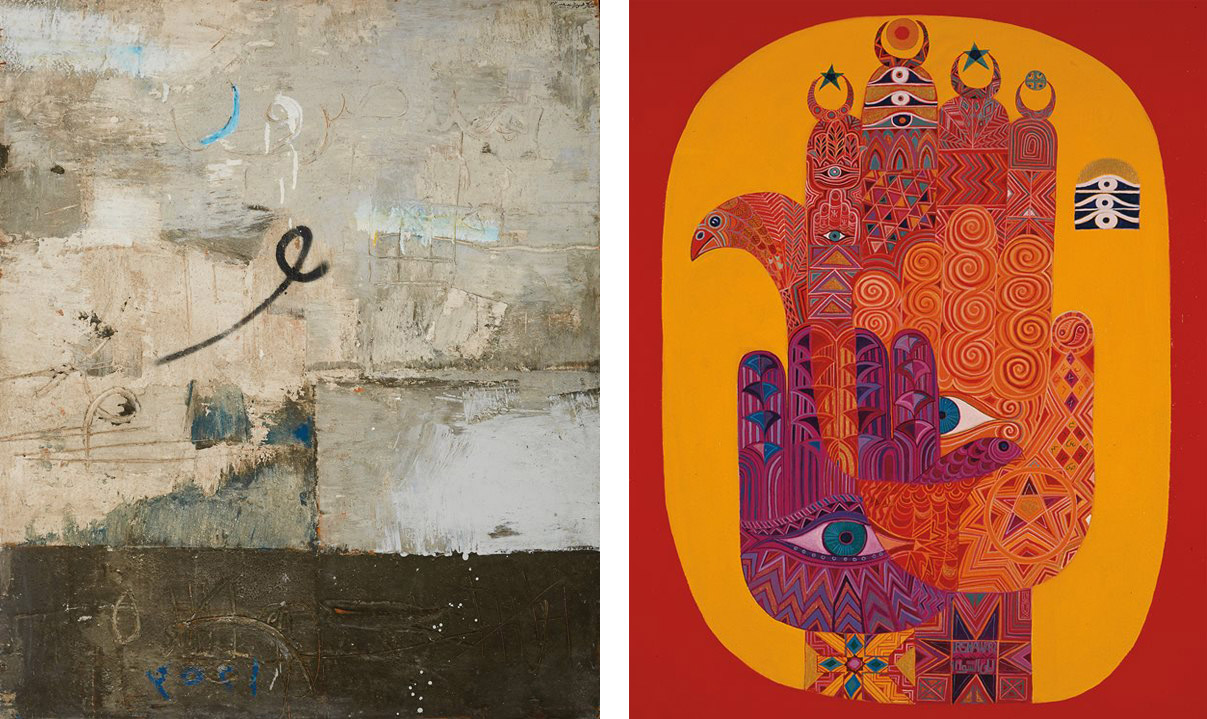 <em>Left: </em>Shakir Hassan Al Said (Iraq), &ldquo;The Victorious,&rdquo; 1983, mixed-media on wooden panel, 122 x 101 cm.<em> Right:</em>&nbsp;Laila Shawa (Palestine), &ldquo;Amulets,&rdquo; 1992, acrylic on canvas, 102 x 76 cm.