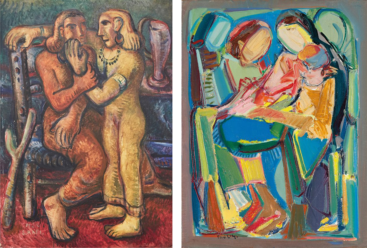 <em>Left</em>, Samir Rafi (Egypt), &ldquo;Two Sisters,&rdquo; 1950, oil on board, 98 x 69 cm. <em>Right</em>,&nbsp;Paul Guiragossian (Lebanon), &ldquo;La Famille,&rdquo; early 1980s, oil on canvas, 61 x 46 cm.