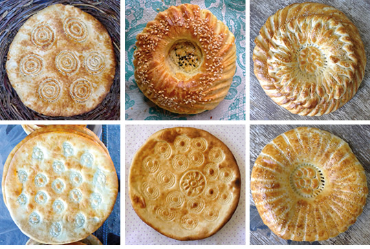 <em>Left-to right from top:</em>&nbsp;Bukhara-style; Tashkent-style with nigella and sesame seeds; festive Tashkent-style; Urgench-style from Khorezm Province (2); Tashkent-style.