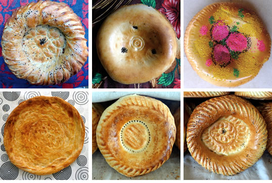 <em>Left-to right from top:</em>&nbsp;Tashkent-style; Samarkand-style with nigella seeds; Samarkand engagement bread, Siab bazaar; Bukhara-style, Kritiy bazaar; Tashkent-style, Chorsu bazaar (2).