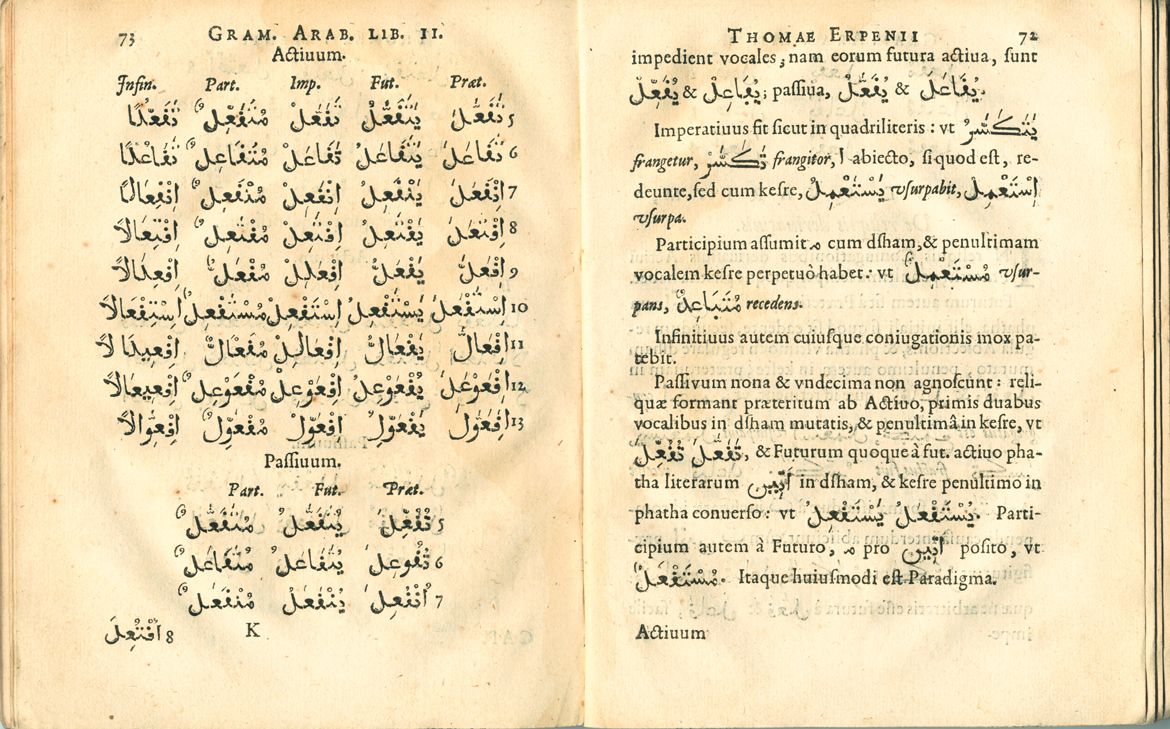 Modeling his work on well-established Latin grammars, Thomas Erpenius, Leiden University’s first professor of Arabic, wrote <em>Grammatica Arabica,</em> published by Luchtmans. It remained in use for some 200 years.