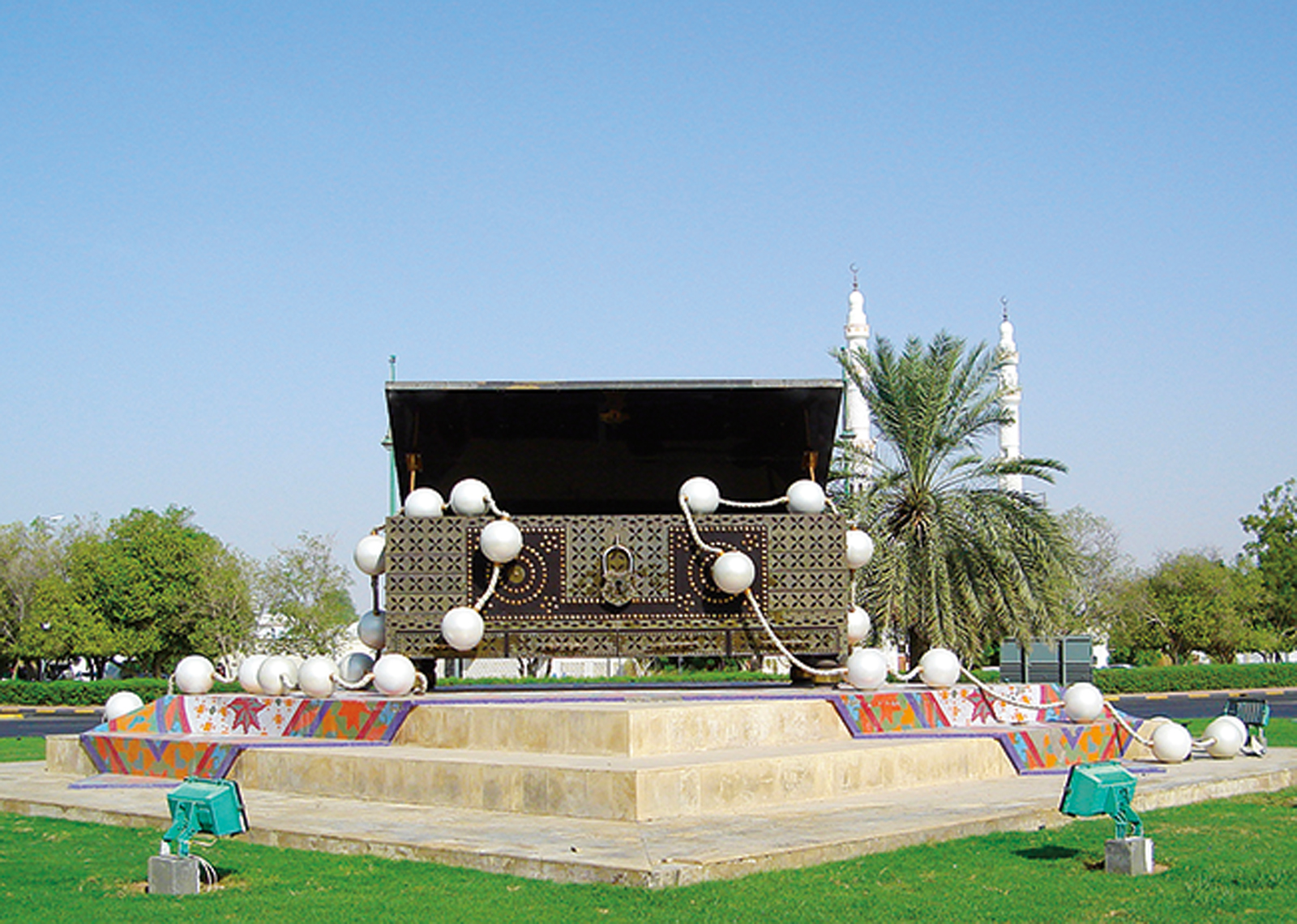 <p>The cultural role of the dowry chest is highlighted in Al Ain, United Arab Emirates, in this public artwork in a traffic roundabout.</p>