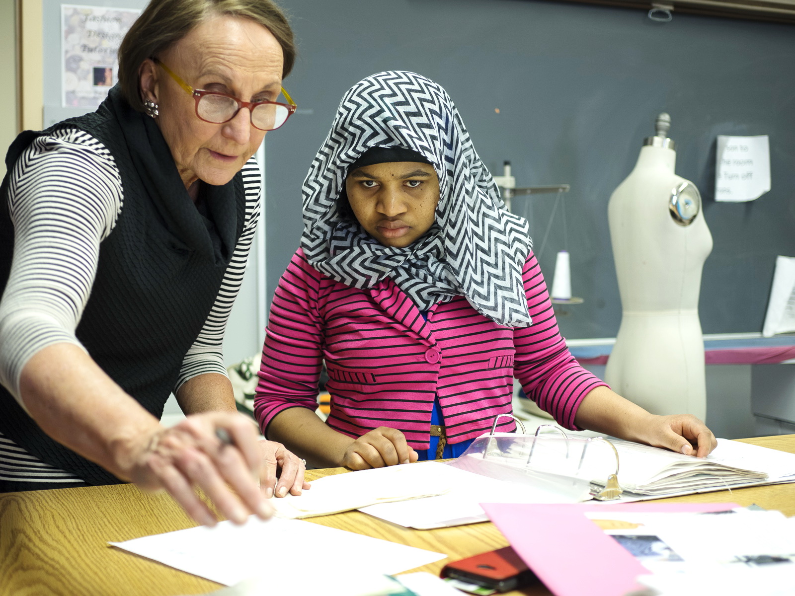 Hassan learned to sew at the Tree Street Youth after-school program, and as a freshman at Mount Ida College in Newton, Massachusetts, she honed skills in apparel construction under Jeanne McDavitt.
