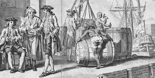 <p>Slaves load barrels of tobacco on board a ship in an illustration taken from a 1751 map of Virginia and the Province of Maryland.</p>
