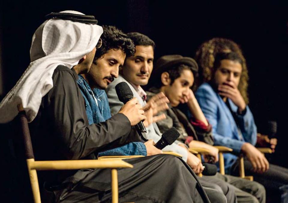 From left, directors Alsumayin, Alkalthami, Al Otaibi, Aljaser and Al Homoud discuss their work with the Paramount theater audience after the November 3 screening.