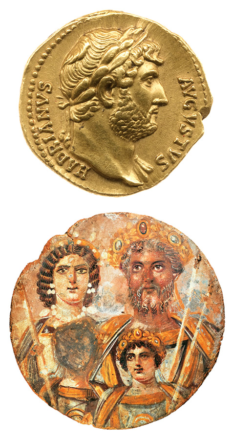 <p><i>Top:</i> Hadrian visited Britannia once, in 122 <span class="smallcaps">ce</span>.<br />
<i>Above</i>: In 208, Emperor Septimius Severus traveled to Britannia with his wife, Julia Domna, of Emesa, now Homs, Syria. He remained there until his death in 211 in York, England.</p>
