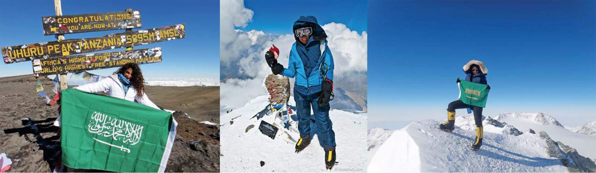 Left to Right: Mount Kilimanjaro, Tanzania, November 9, 2011; Mount Elbrus, Russia, August 28, 2012; Vinson Massif, Antarctica, January 18, 2013.