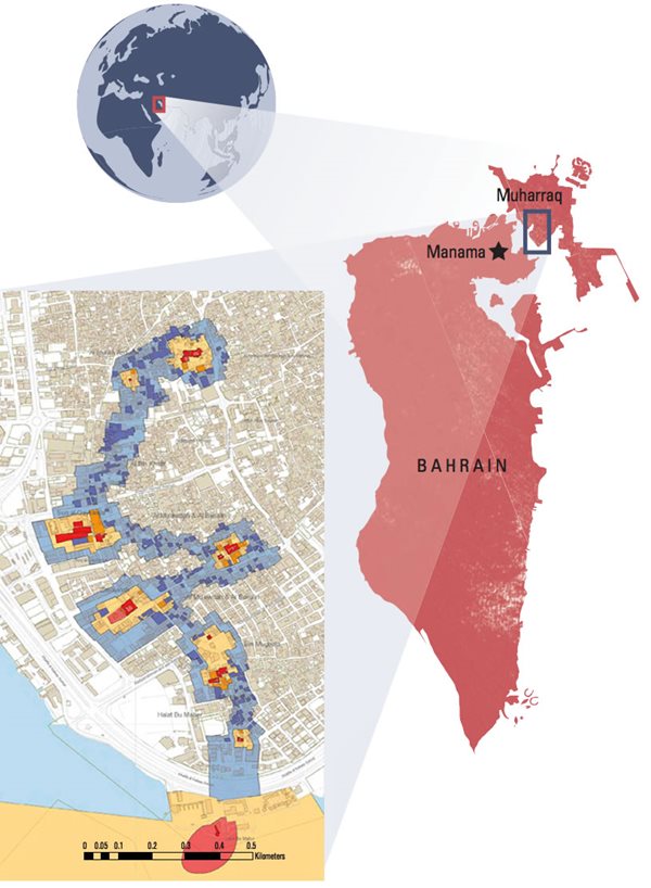 The Pearling Path map classifies both onshore and offshore sites. The path winds north from the shore through the oldest part of Muharraq, which lies northeast of Bahrain&rsquo;s main island.
