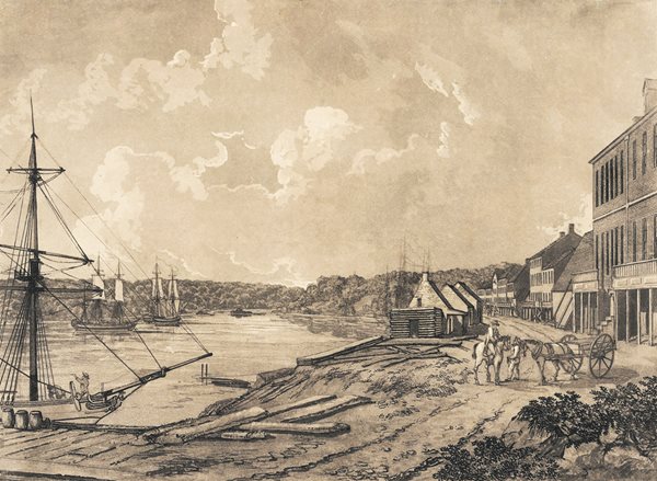 <p>Yarrow Mamout would have been familiar with this wharf at Georgetown, portrayed <em>above</em> in an aquatint by George Isham Parkyns in 1795. In his youth Mamout was &ldquo;the best swimmer ever seen on the Potomac River,&rdquo; according to one shipowner.</p>
